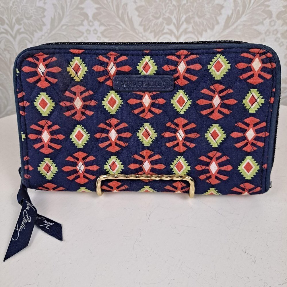 Vera Bradley Wallet Navy Blue/Orange Pattern Orange Interior Zip Around EUC